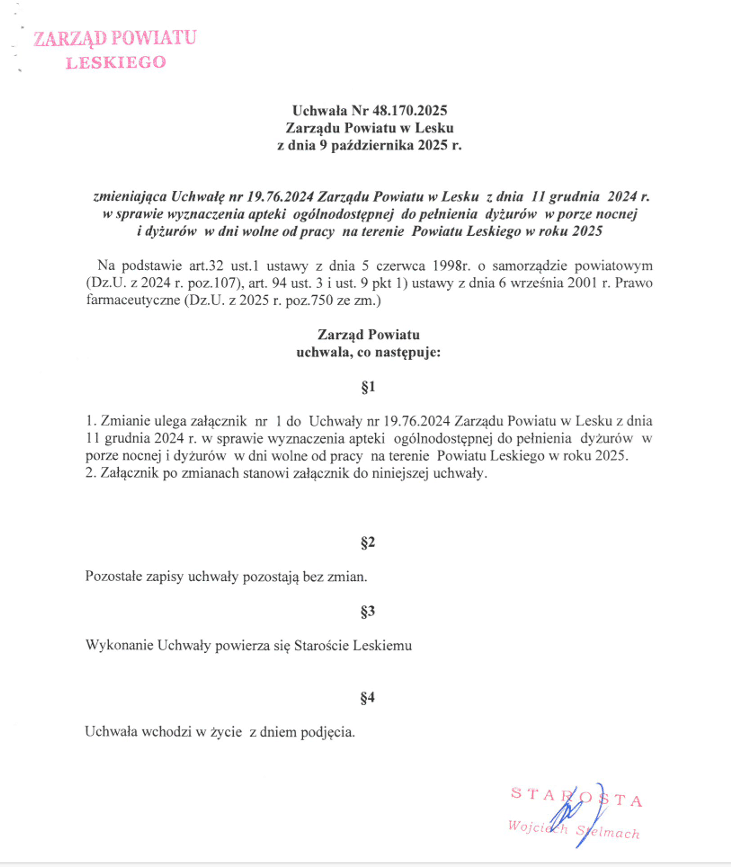 Zarząd Powiatu Leskiego Apteki Lesko